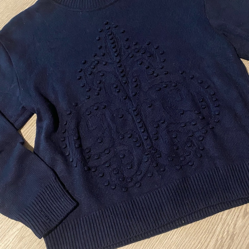 1990s Vintage St. John Fleur de Lis Navy Knit Sweater
